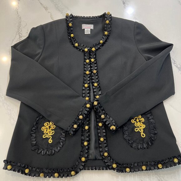 Victor Costa Black Jacket with Gold Buttons and Detailing Designer VTG Couture - Picture 6 of 14